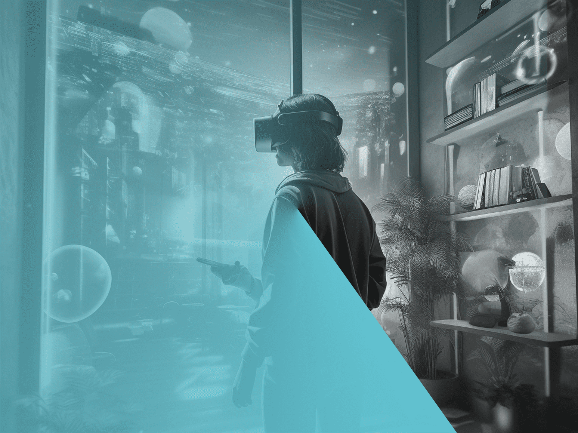Person mit VR Brille die aus dem Fenster ins Metaverse blickt.